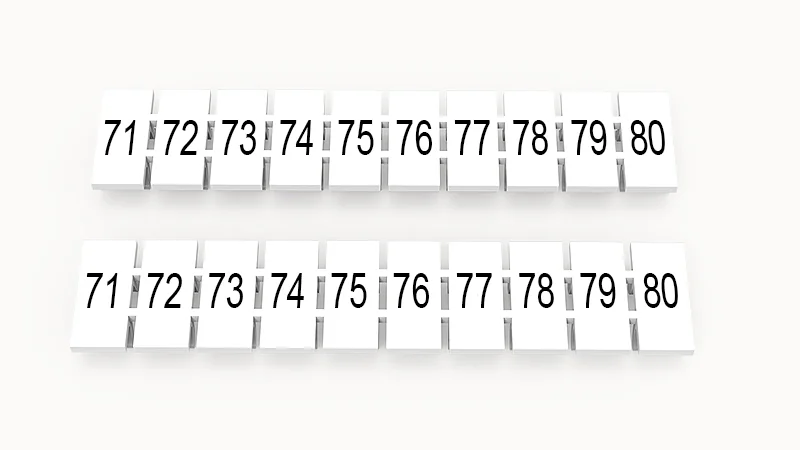 Марк.  полоска ZB5-10P-19-34Z(H) - Маркировочные шильдики для клемм WS…, DC…, PC…, сечением 2,5 мм кв., центральная, 10 шильдиков, нанесенные символы: 71-80 с вертикальным расположением, размер шильдика: 4,55х10,7 мм, цвет белый