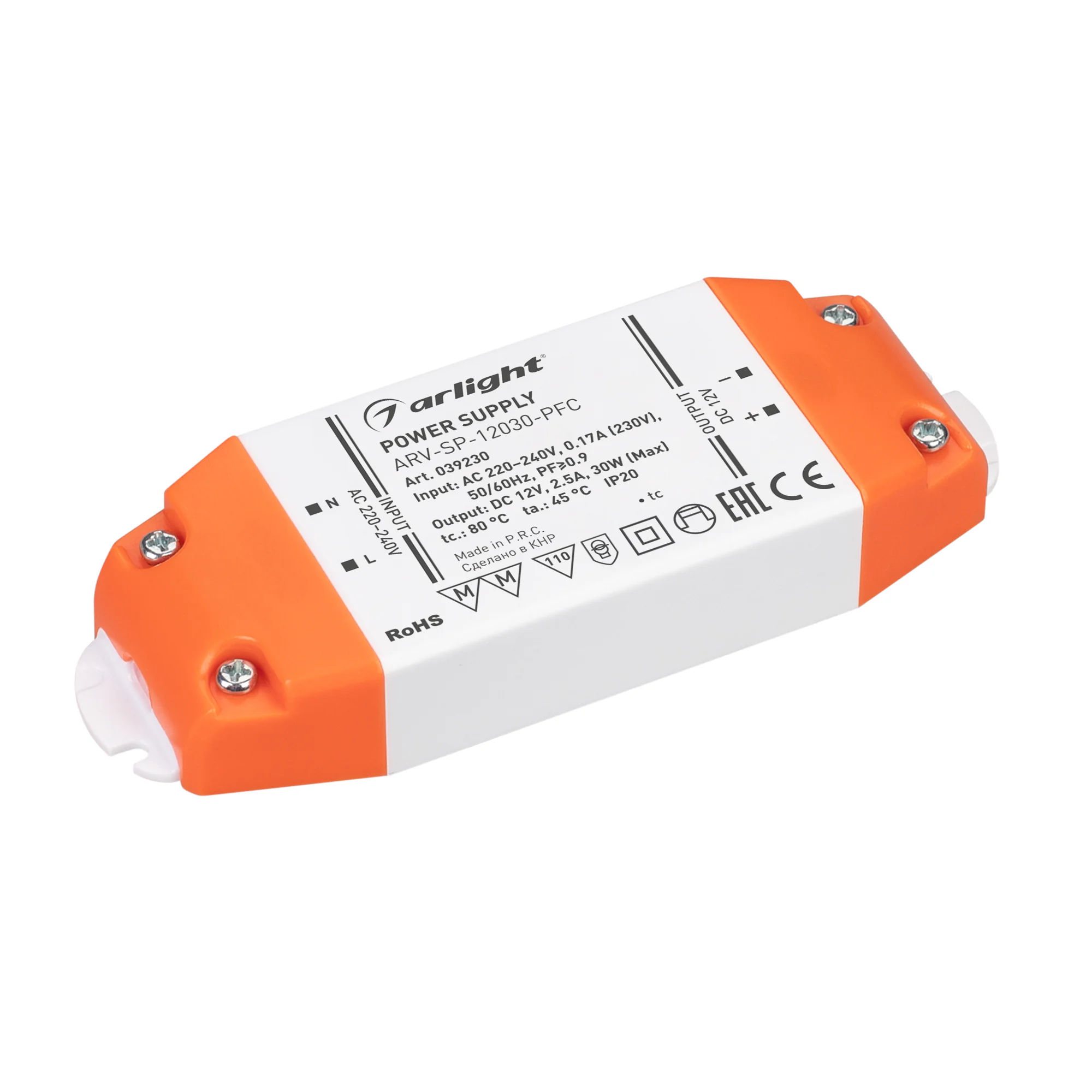 Блок питания ARV-SP-12030-PFC (12V, 2.5A, 30W) 039230 - Источник напряжения с гальванической развязкой для светодиодных изделий. Входное напряжение 220-240 VAC. Выходные параметры: 12 В, 2.5 А, 30 Вт. Встроенный PFC >0.9. Негерметичный пластиковый корпус 
