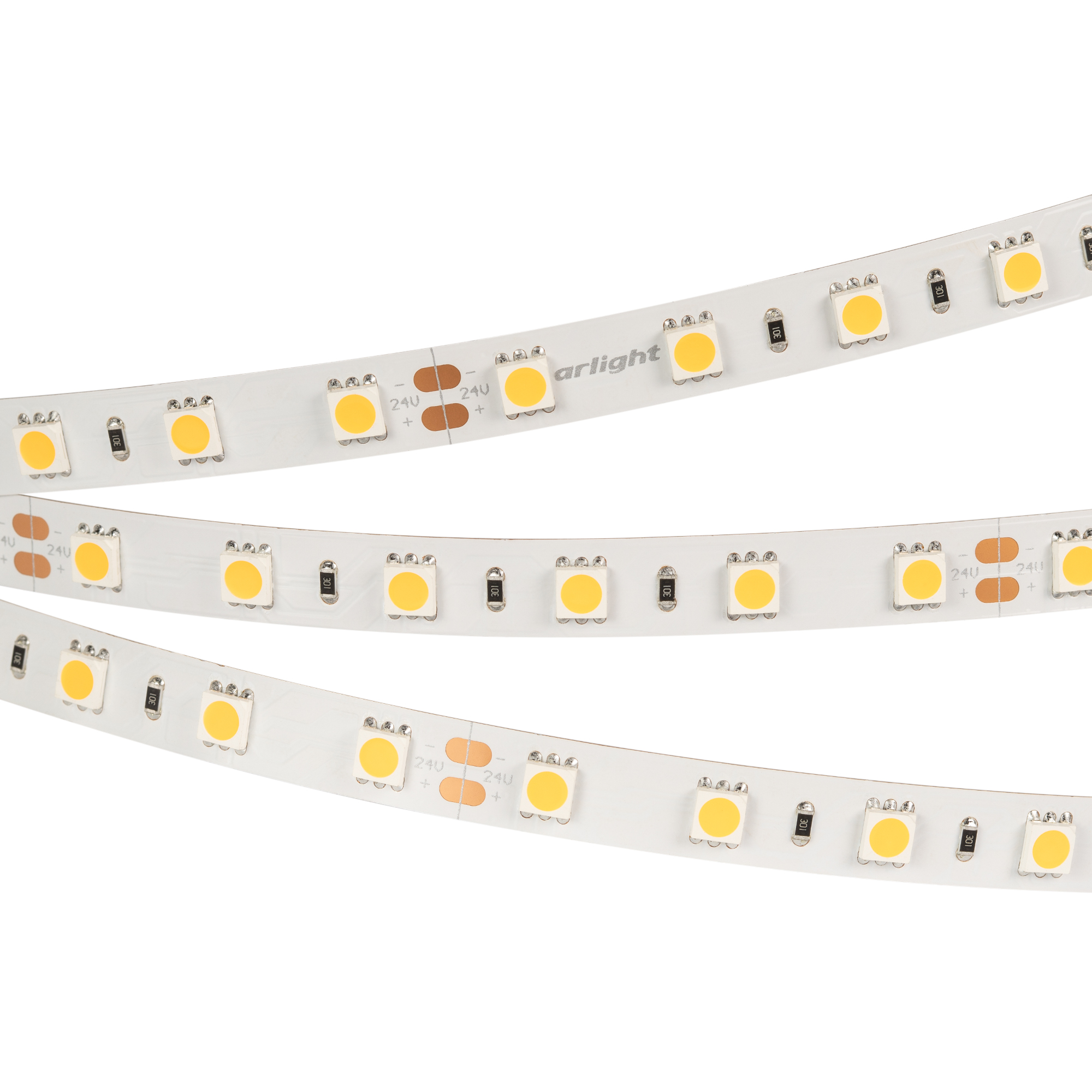 Лента RT 2-5000 24V Warm2400 2x (5060, 300 LED, LUX) 018099(B) - Гибкая лента LUX, светодиоды smd 5060, 60шт/м (300шт на 5м), белая плата 10мм, скотч 3М. Цвет ТЁПЛЫЙ (как свеча) 2200-2400K. Питание 24V, мощность 14.4 Вт/м (72 Вт на 5м), угол 120°, цветопе