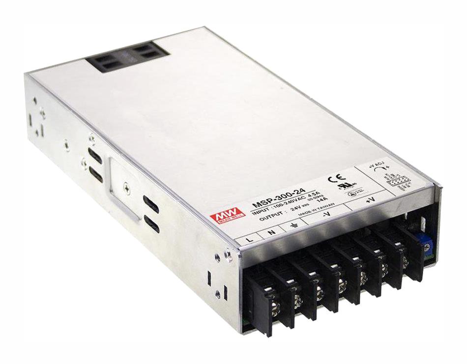 MSP-300-15 - AC-DC, med, ККМ, 330Вт, вход 85…264В AC, 47…63Гц /120…370В DC, выход 15В/22A,  рег. вых 13.5…18В, изоляция 4000В AC, в кожухе 199х105х41мм, -40…+70°С, доп. выход 5В/0.3А