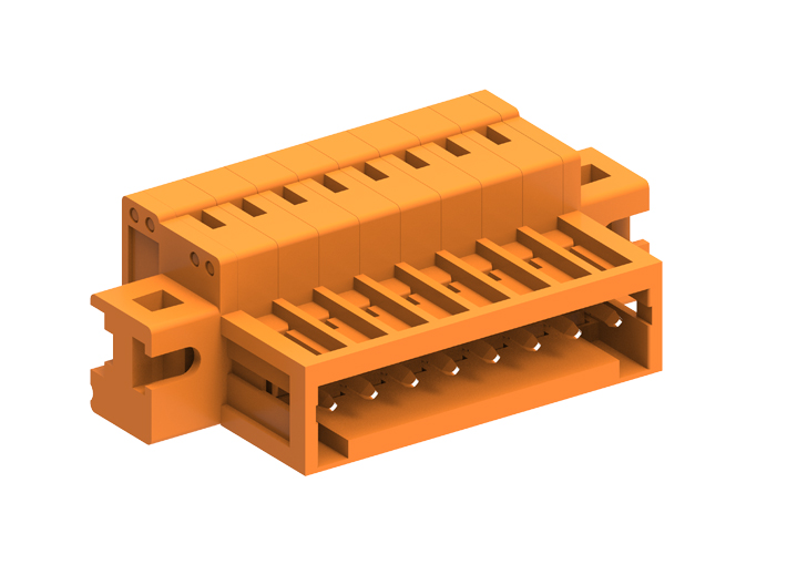 Вилочный разъем на кабель 438410/010 - Вилочный разъем, прямой, на кабель, шаг: 3.81 мм, 10 полюсов, фиксация на плате пайкой, исполнение: с монтажными фланцами, 160V, 10A, цвет: оранжевый