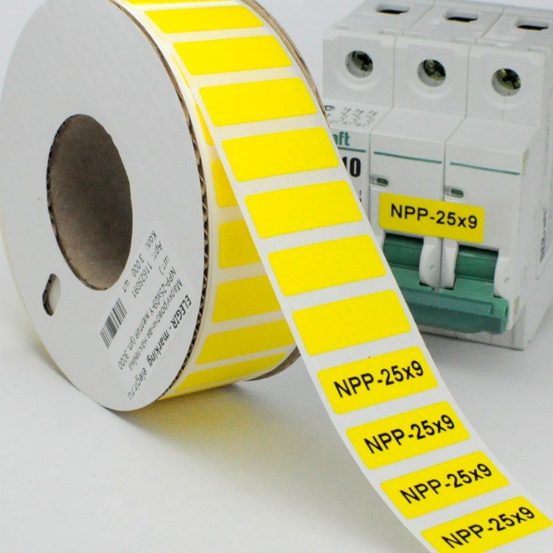 Маркировка прямоугольная NPP-25х09 Y - Маркировочная наклейка, для позиционного обозначения электрооборудования в шкафу и маркировки провода, размер 25х9 мм, цвет желтый, в упаковке 3000 наклеек
