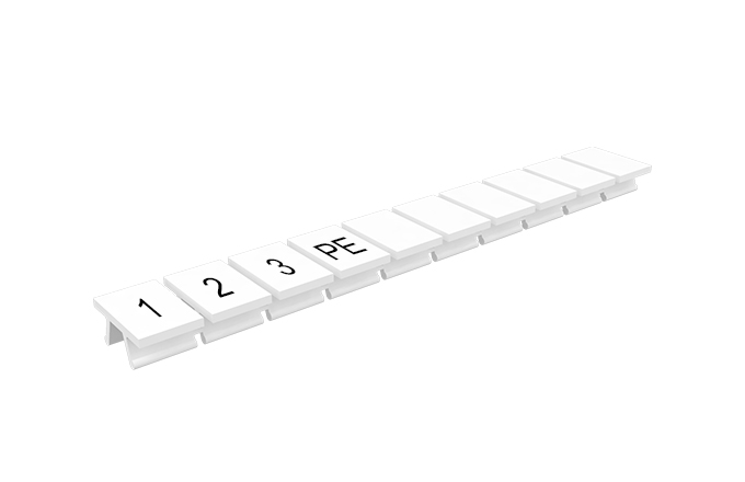 Маркировка  306801/1,2,3,PE - Маркировочные шильдики для клемм TU/TP/TC, сечением 10 мм кв., 10 шильдиков, нанесенные символы: 1,2,3,PE, с горизонтальным, расположением, цвет белый