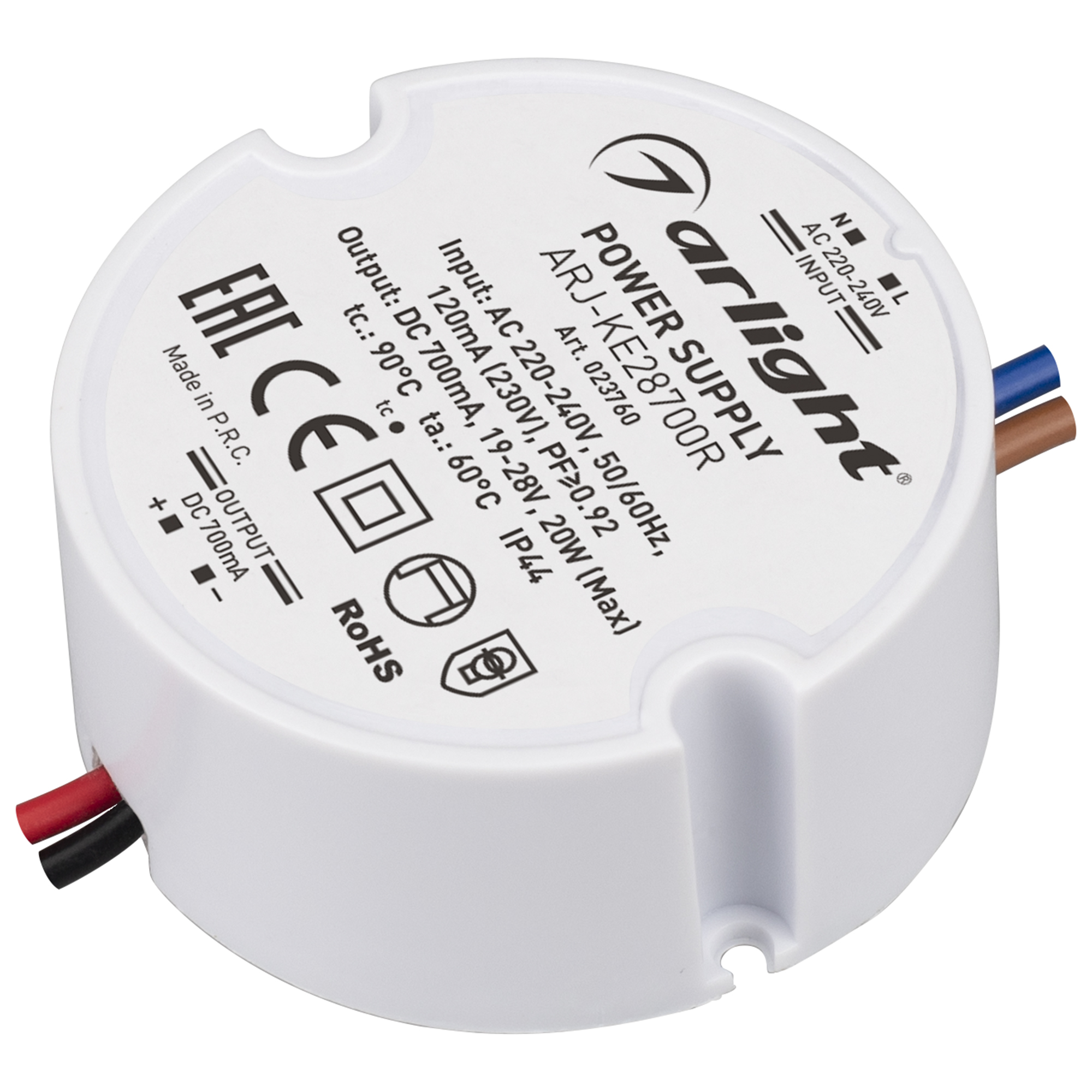 Блок питания ARJ-KE28700R (20W, 700mA, PFC) 023760 - Источник тока с гальванической развязкой для светильников и мощных светодиодов. Входное напряжение 220-240 VAC. Выходные параметры: 19-28 В, 700 mА, 20 Вт. Встроенный PFC >0.92. Негерметичный пластиковы