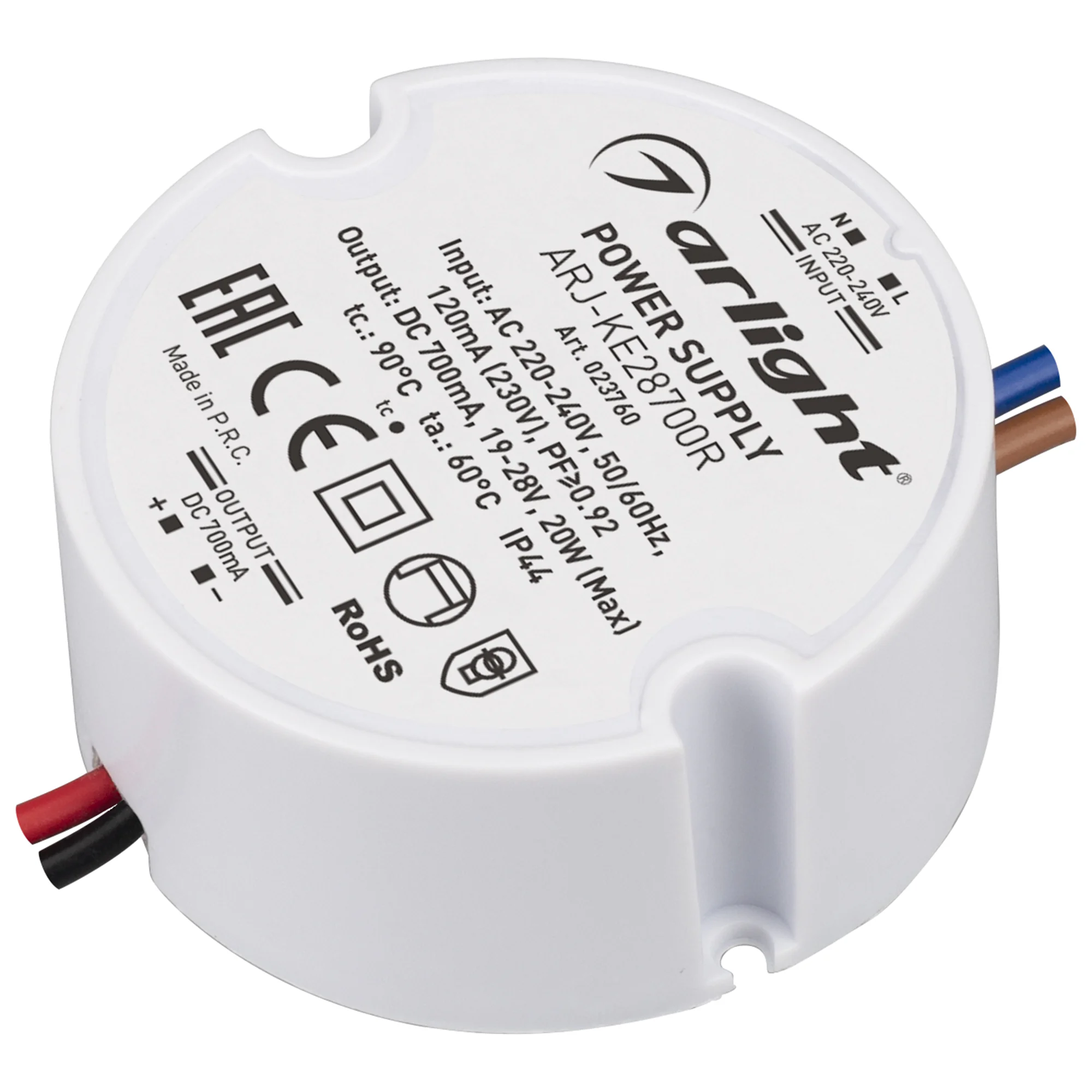 Блок питания ARJ-KE28700R (20W, 700mA, PFC) 023760 - Источник тока с гальванической развязкой для светильников и мощных светодиодов. Входное напряжение 220-240 VAC. Выходные параметры: 19-28 В, 700 mА, 20 Вт. Встроенный PFC >0.92. Негерметичный пластиковы