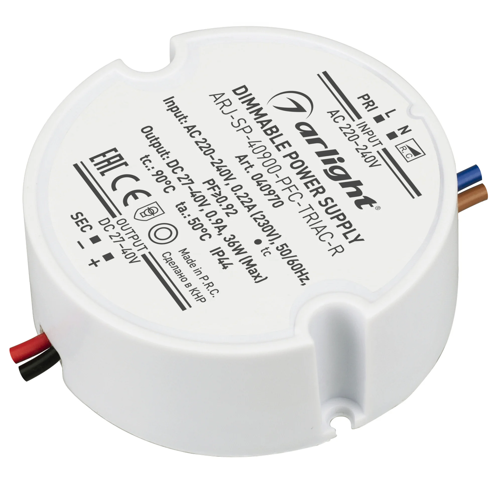 Блок питания ARJ-SP-40900-PFC-TRIAC-R (36W, 27-40V, 900mA) 040970 - Диммируемый источник тока по стандарту TRIAC с гальванической развязкой для светильников и мощных светодиодов. Входное напряжение 220-240 VAC. Выходные параметры: 27-40 В, 900 mА, 36 Вт. 