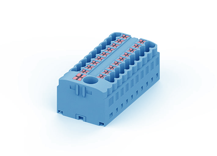 Распределительный блок TPA6/2.5-19-BU - Блок распределения потенциала, 19 точек подключения, тип фиксации провода: push-in, номинальное сечение: 2,5/6 мм кв., 41A, 450V, цвет: синий