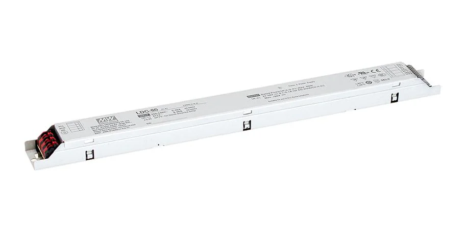 LDC-80B - AC-DC, 80Вт, стабилизатор тока, вход 180…295В AC, 47…63Гц, выход 700…2100мA/27…56В, ККМ, изоляция 3750В AC, в кожухе 360х30х21мм, -25…+80°С, NTC вход, димминг 0…10В и ШИМ