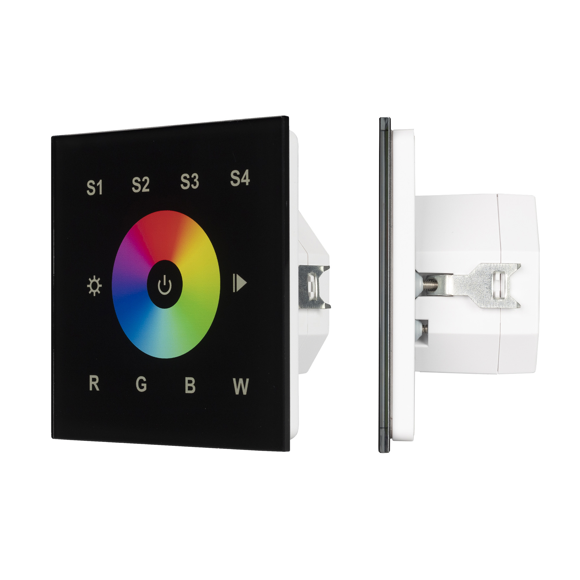 INTELLIGENT ARLIGHT Сенсорная панель DALI-901-11-1G-4SC-RGBW-DT8-IN Black (BUS/230V) 037199 - Настенная встраиваемая стеклянная панель белого цвета с сенсорным управлением (сенсорное кольцо и 11 сенсорных кнопок) для мультицветных светодиодных RGBW-лент. 