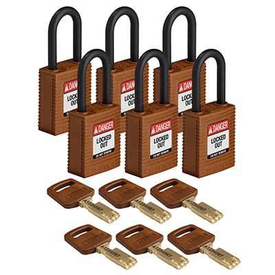 gws150309 - Замки SafeKey нейлоновые с пластиковой дужкой, высота дужки – 38 мм, диаметр дужки – 6.4 мм, нейлоновый корпус, размеры корпуса – 46х38х19 мм, цвет – коричневый, 6 шт/упак