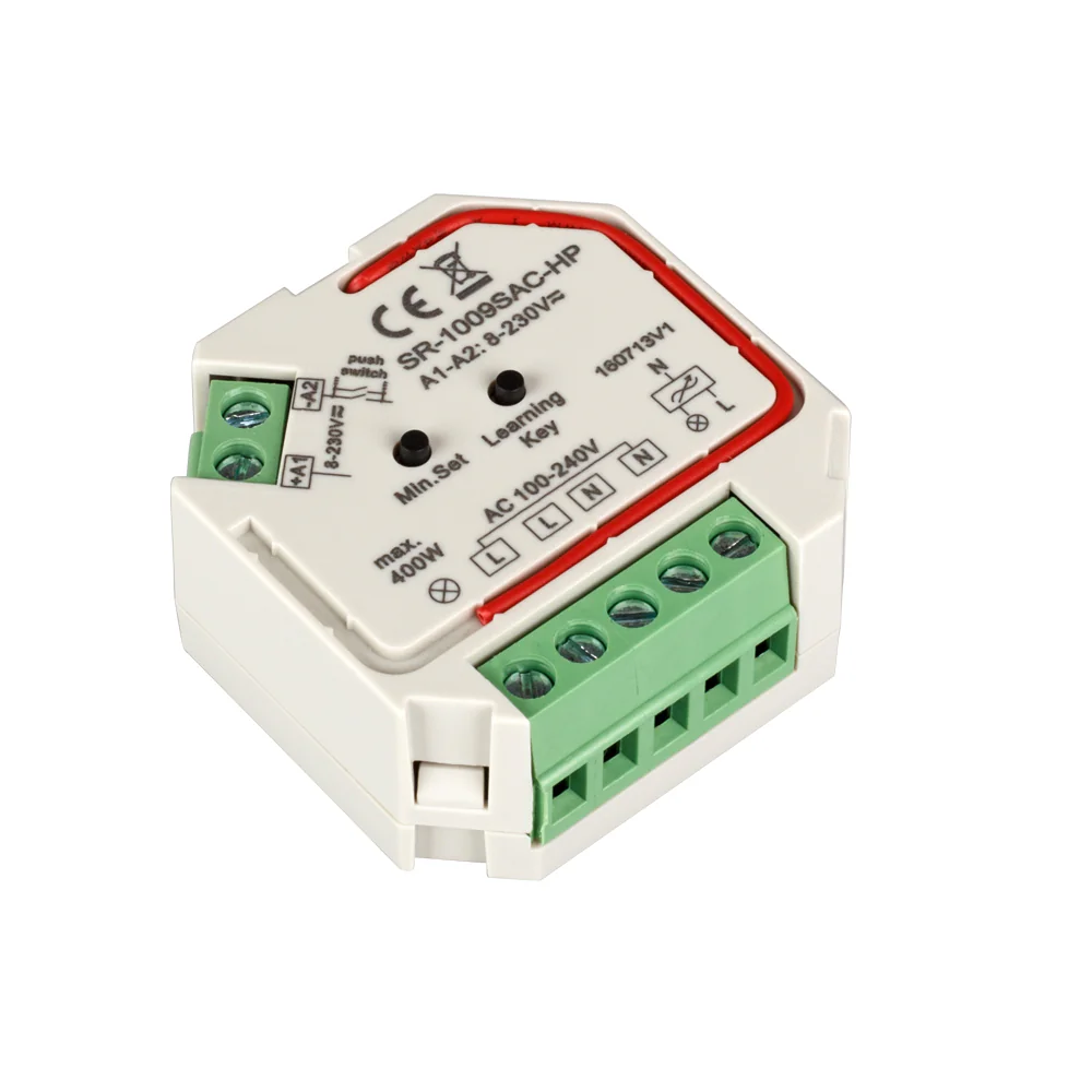 Диммер SR-1009SAC-HP (230V, 1.66A) 021707 - Диммер для диммируемых токовых драйверов для светильников и гибкого неона на 220V, а также для ламп накаливания и галогенных на 220 В. Коммутируемая мощность макс. 400 Вт (1 канал 1,66А), 100Вт для светодиодных 
