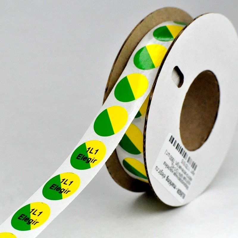 Маркировка круглая NPP-15/1-YG - Маркировочная наклейка, для токоведущих шин и электрооборудования, диаметр 15 мм, цвет желто-зеленый, Наклеек в ряду - 1, для принтера: RT200, RT230, в упаковке 1800 наклеек