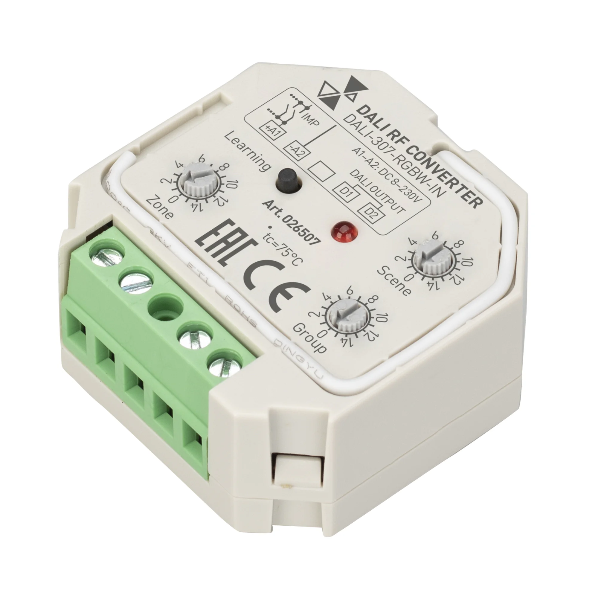 INTELLIGENT ARLIGHT Конвертер RF-сигнала DALI-307-RGBW-IN (DALI-BUS, RF, PUSH) 026507 - Мультизональный RGBW-конвертер радиосигнала для шины DALI. Предназначен для использования с RGBW-пультами серии SR-1009*. Питание по шине DALI. Количество зон управлен