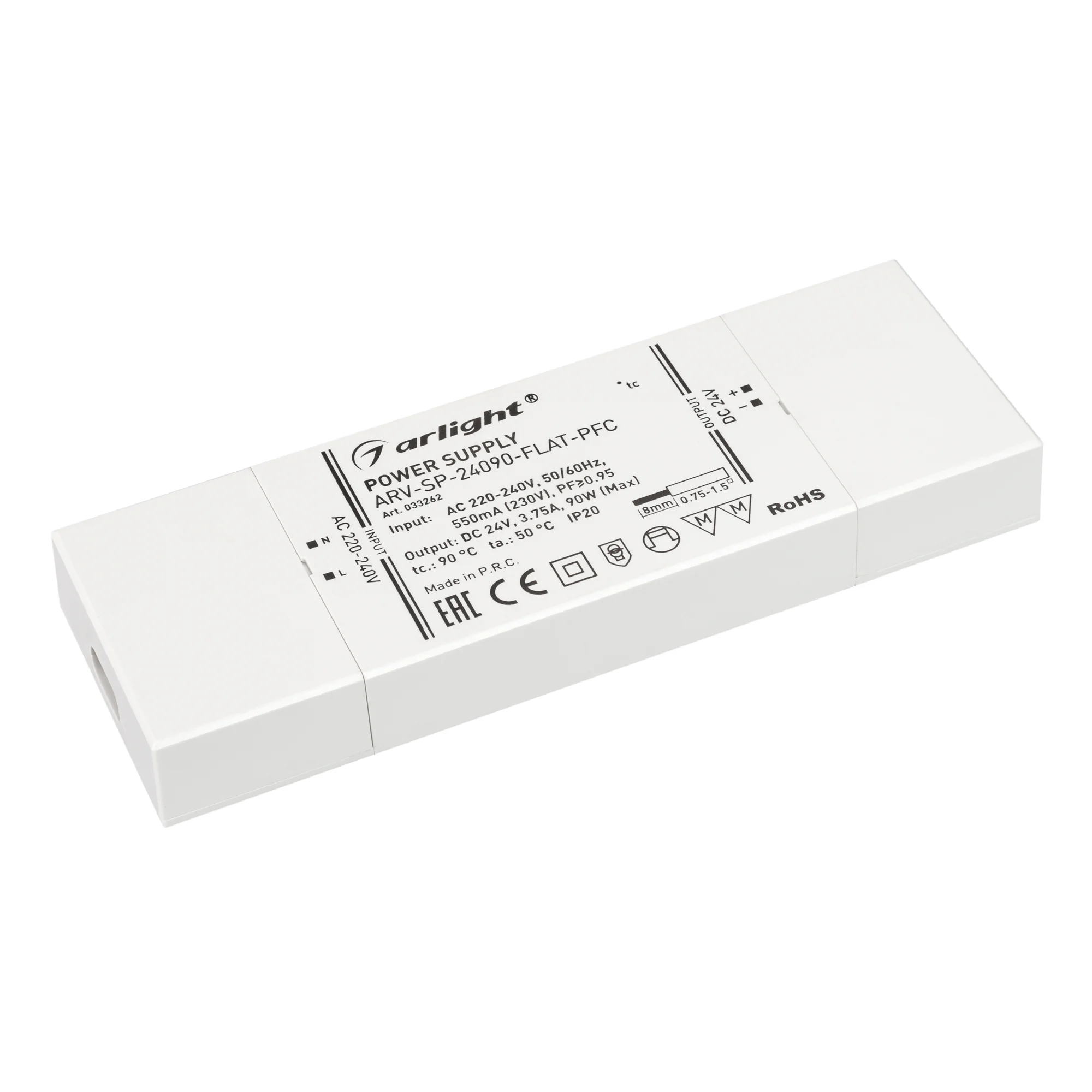 Блок питания ARV-SP-24090-FLAT-PFC (24V, 3.75A, 90W) 033262 - Источник напряжения с гальванической развязкой для светодиодных изделий. Входное напряжение 220-240 VAC. Выходные параметры: 24 В, 3.75 А, 90 Вт. Встроенный PFC >0.95. Сверхтонкий пластиковый к