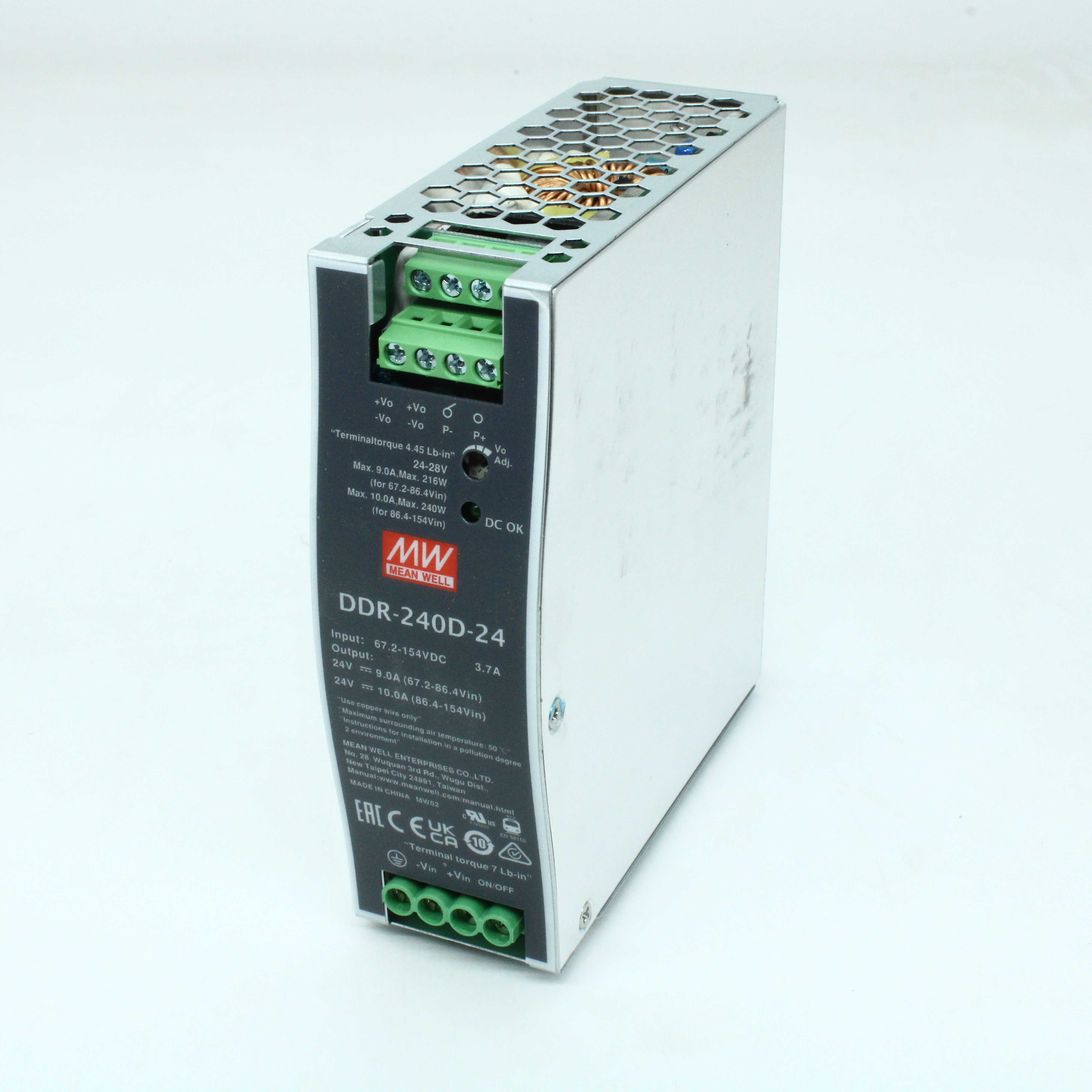 DDR-240D-24 - DC-DC, 240Вт, вход 67.2…154 В DC, выход 24В/10А, изоляция 4000В DC, в кожухе на DIN-рейку, 40х125.2х113.5мм, -40...+70°С