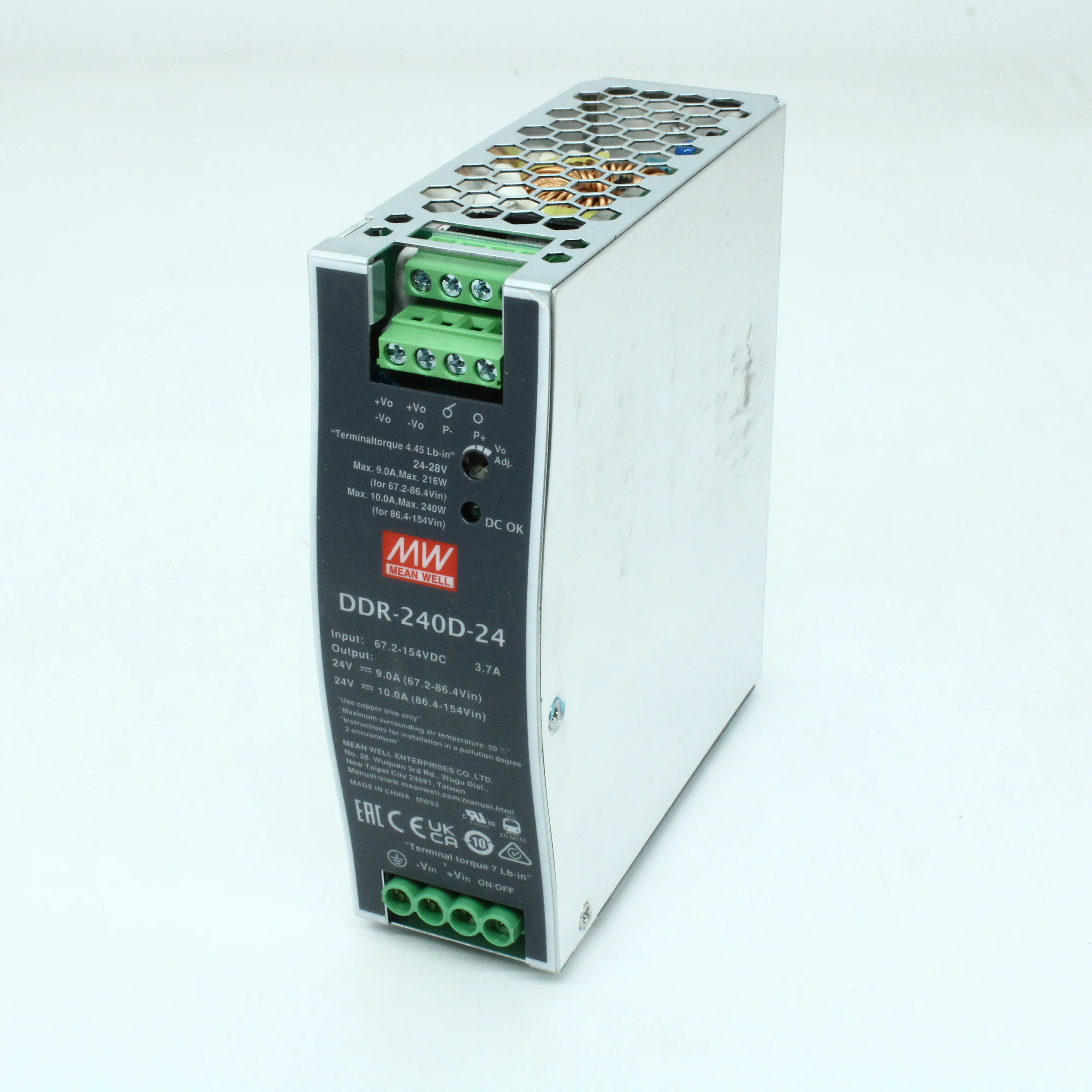 DDR-240D-24 - DC-DC, 240Вт, вход 67.2…154 В DC, выход 24В/10А, изоляция 4000В DC, в кожухе на DIN-рейку, 40х125.2х113.5мм, -40...+70°С