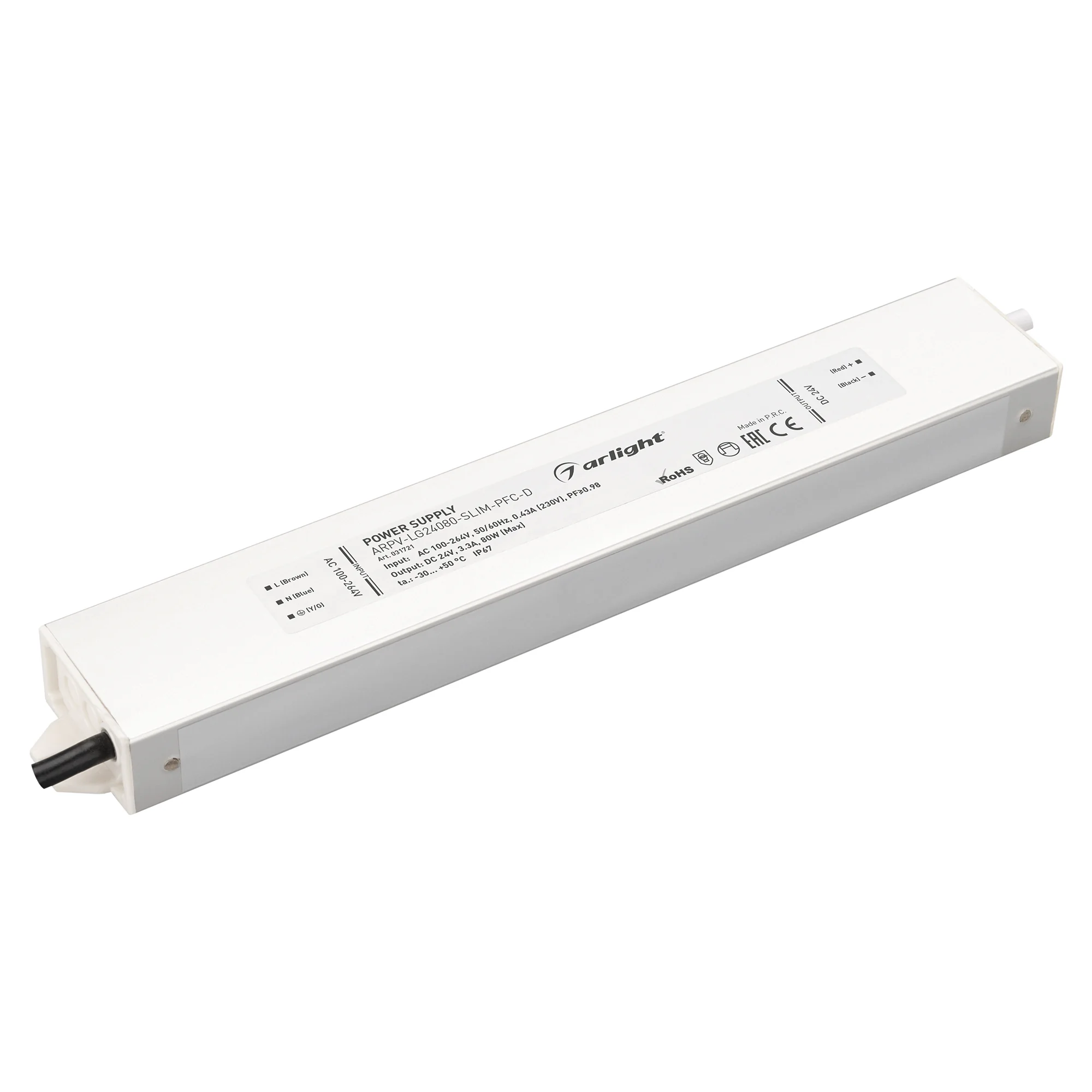 Блок питания ARPV-LG24080-SLIM-PFC-D (24V, 3.3A, 80W) 031721 - Источник напряжения с гальванической развязкой для светодиодных изделий. Входное напряжение 200-240 VAC. Выходные параметры: 24 В, 3.3 А, 80 Вт. Встроенный PFC >0.98. Герметичный алюминиевый к
