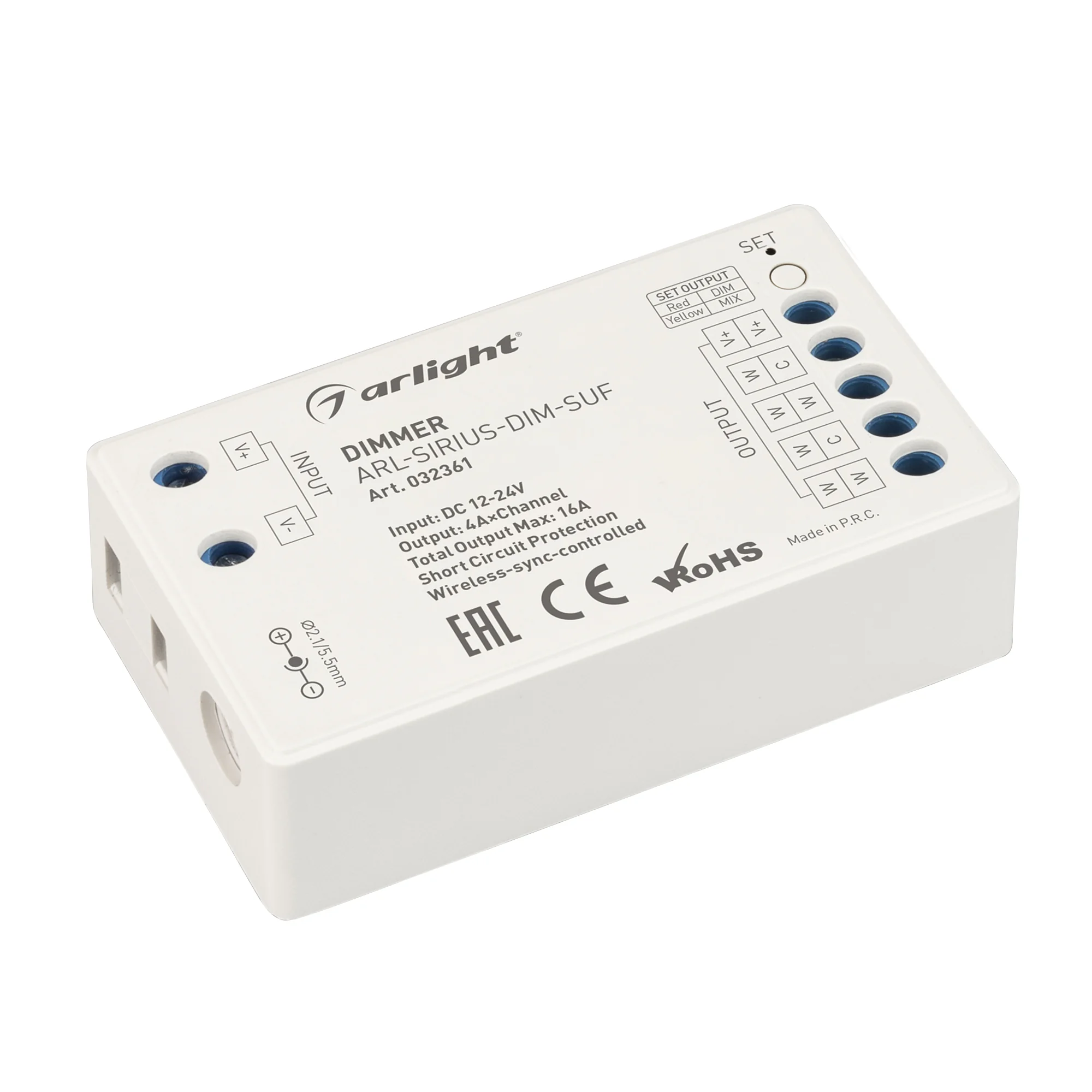 Диммер ARL-SIRIUS-DIM-SUF (12-24V, 4x4A, 2.4G) 032361 - Контроллер для светодиодной DIM/MIX/RGB/RGBW ленты (ШИМ). Питание/рабочее напряжение 12-24VDC, максимальный ток 4A на канал, 4 канала, максимальная мощность 192-384W. Винтовые клеммы. Корпус - PVC. Г