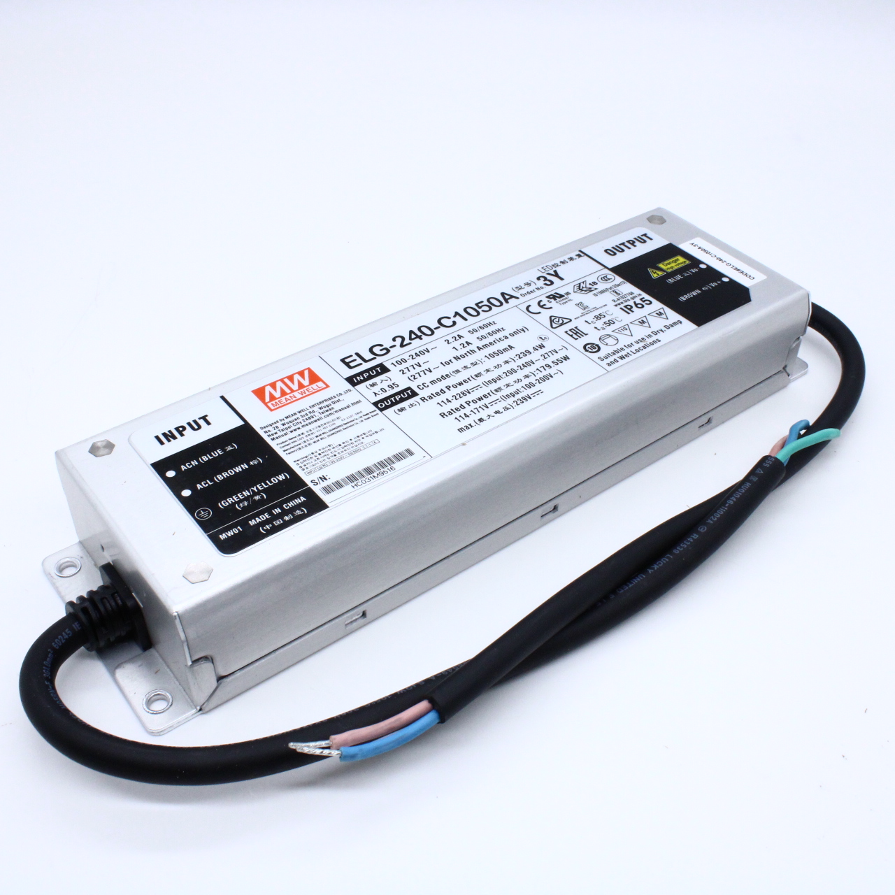 ELG-240-C1050A-3Y - AC-DC, 239.4Вт, IP65, вход 100…305В AC, 47…63Гц/142…431В DC, ККМ, выход 114…228В/1050мА, рег. напряжения/тока, изоляция 3750В AC, в кожухе 244х71х37.5, -40…+70°С, с проводом заземления