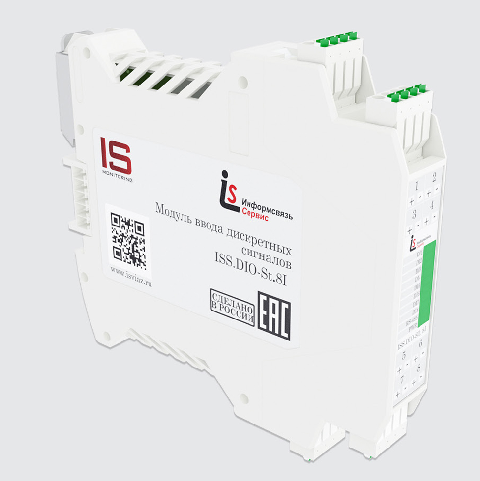 ISS.DIO-St.8I ISS.DIO-St.8I - Модуль ввода дискретных сигналов с источника напряжения, серии Standart служит для приема дискретных сигналов датчиков и исполнительных устройств и передачи их по интерфейсу RS-485 на верхний уровень системы автоматизации.