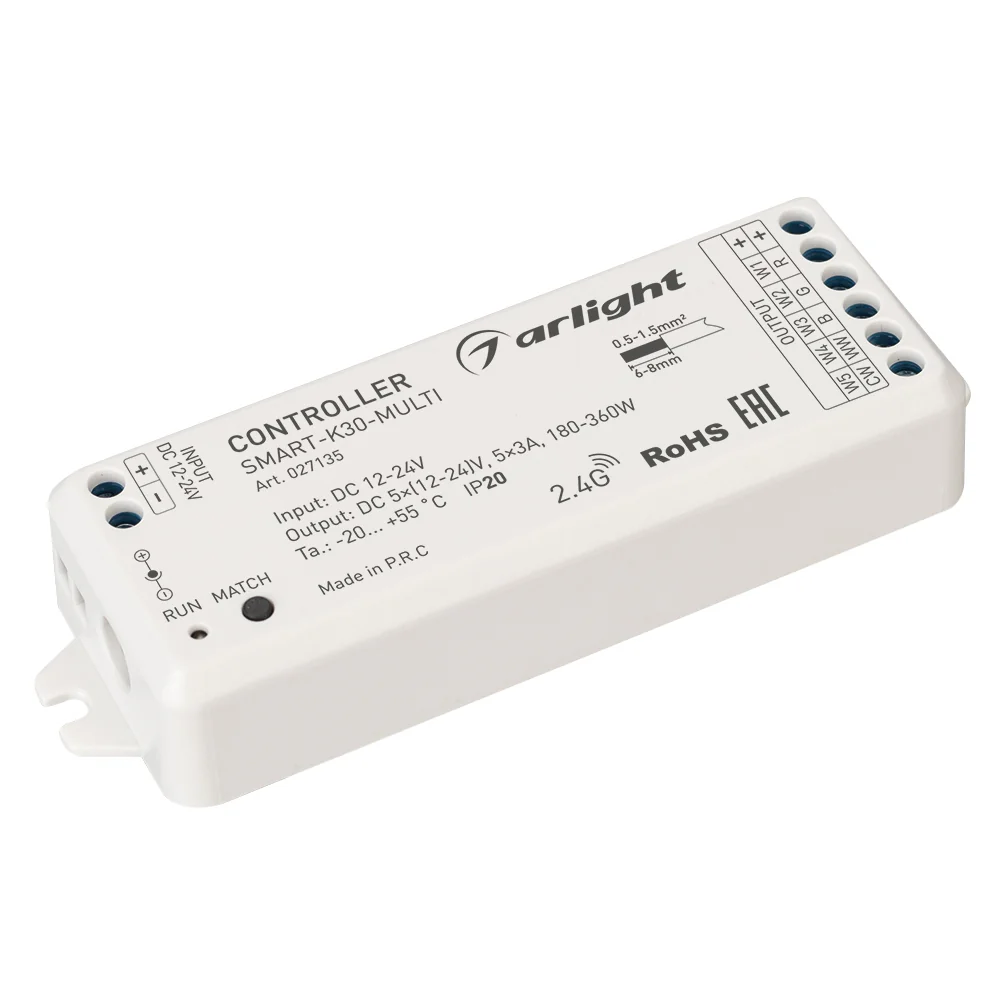 Контроллер SMART-K30-MULTI (12-24V, 5x3A, RGB-MIX, 2.4G) 027135 - Многофункциональный 5-канальный контроллер для светодиодной RGB и MIX лент и модулей (ШИМ). Питание/рабочее напряжение 12-24VDC, максимальный ток 3A на канал, 5 каналов, максимальная мощнос