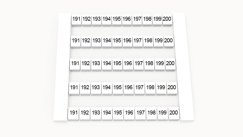 Марк. кассета DEK6-50P-19-122Z(H) - Кассета с шильдиками для клемм WS…, сечением 4 мм кв., боковая, 50 шильдиков, нанесенные символы: 191-200, 5 полосок, с вертикальным расположением, размер шильдика: 5,8х5,5 мм, цвет белый