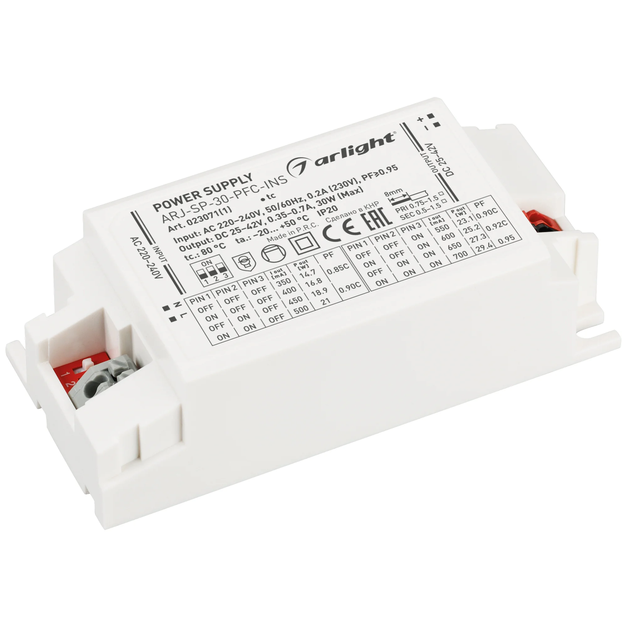 Блок питания ARJ-SP-30-PFC-INS (30W, 25-42V, 0.35-0.7A) (IP20 Пластик, 5 лет)