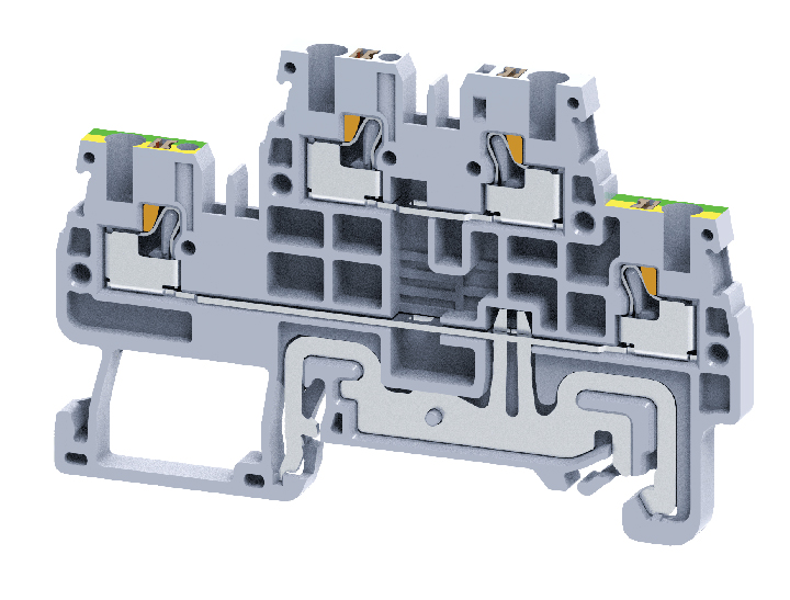 Этажная клемма CPDLG1.5 - Этажная клемма, нижний ряд с заземлением, тип фиксации провода: push-in, номинальное сечение: 1,5 мм кв., 15A, 500V, ширина: 3,5 мм, цвет: серый, тип монтажа: DIN 35