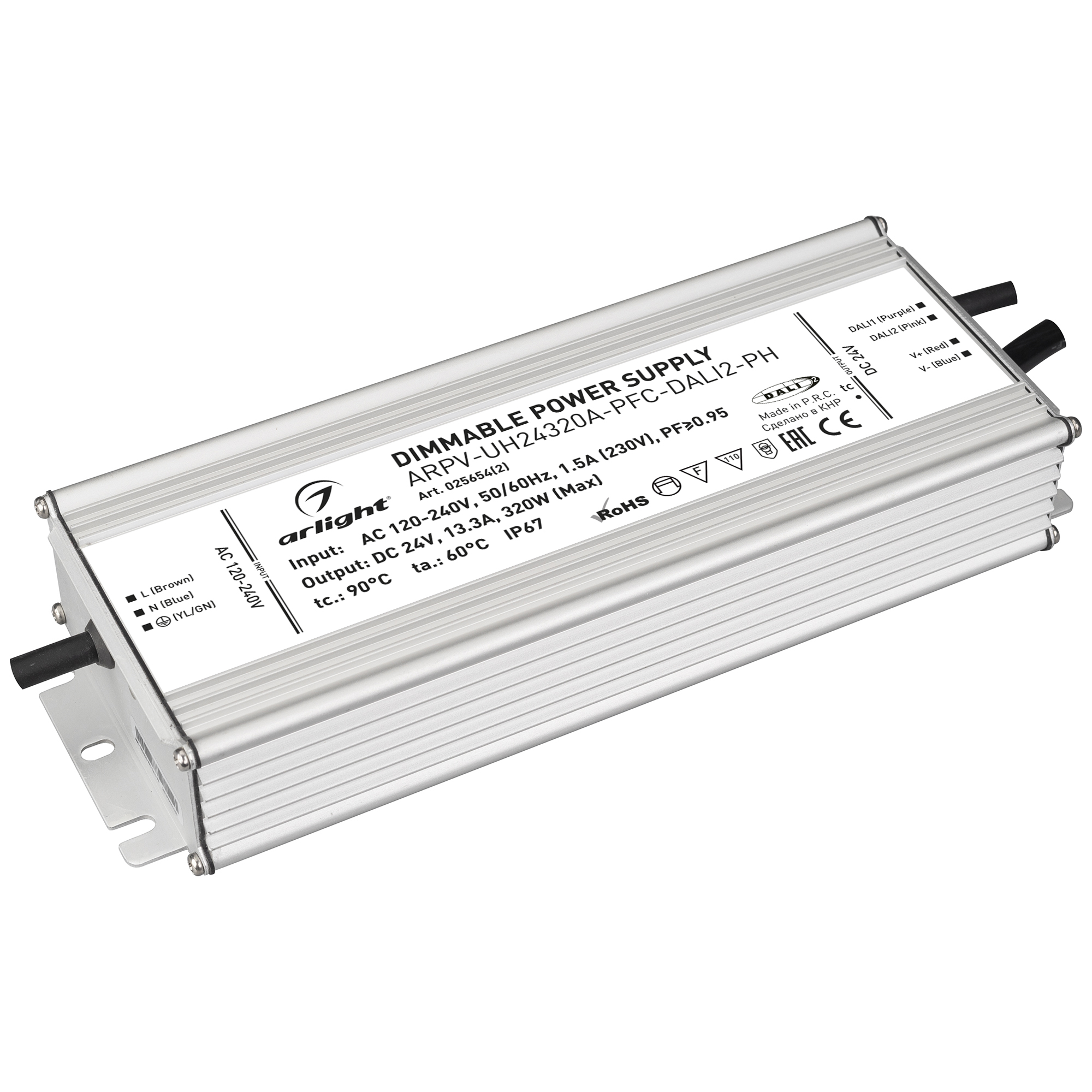 Блок питания ARPV-UH24320A-PFC-DALI2-PH (24V, 13.3A, 320W) 025654(2) - Диммируемый источник напряжения по протоколу DALI2.0 с гальванической развязкой для светодиодных изделий. Входное напряжение 120-240 VAC. Выходные параметры: 24 В, 13.3 А, 320 Вт. Встр