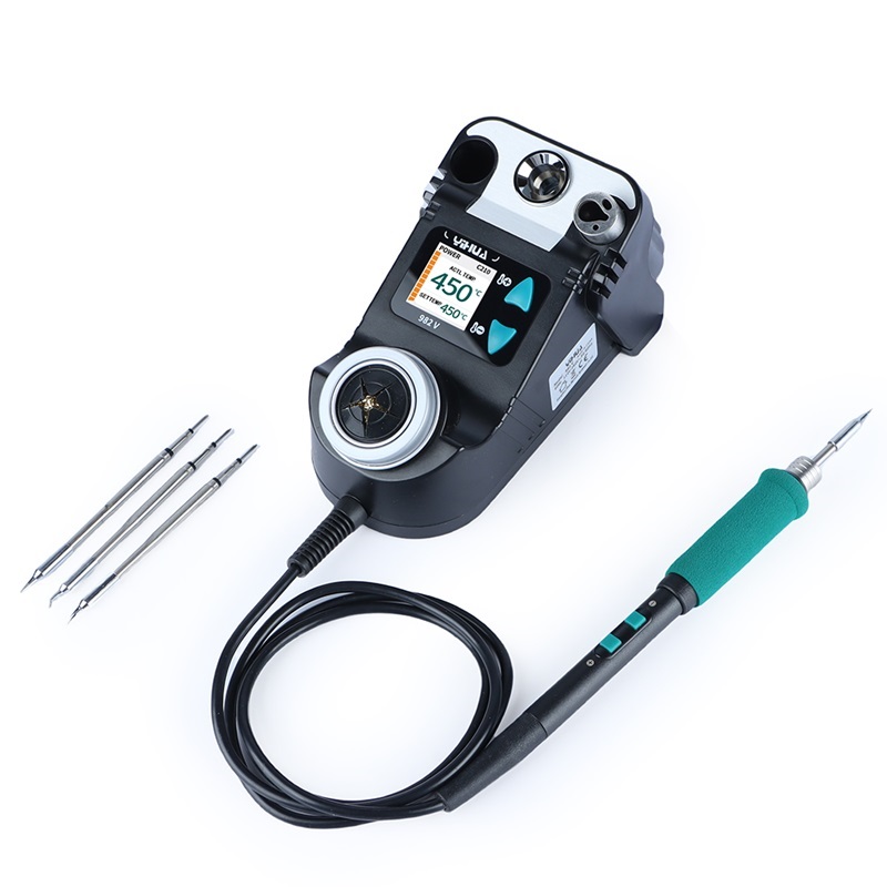 YIHUA982-V (C210) 3PCS - Компактная паяльная станция с регулировкой температуры. 40Вт сменные жала C210 3 штуки. Быстрый нагрев, наклонный LCD дисплей, функция сна.
