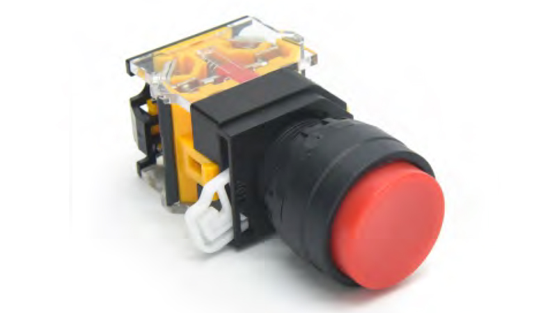 Кнопка  DT22A-FLH11/RD - Кнопка управления в сборе, с блокировкой, 24 - 380VAC / DC, 0,6 - 10A, без подсветки, высокая, 1NO1NC, цвет: красный, диаметр отверстия: 22 мм, пластиковая обойма кнопки