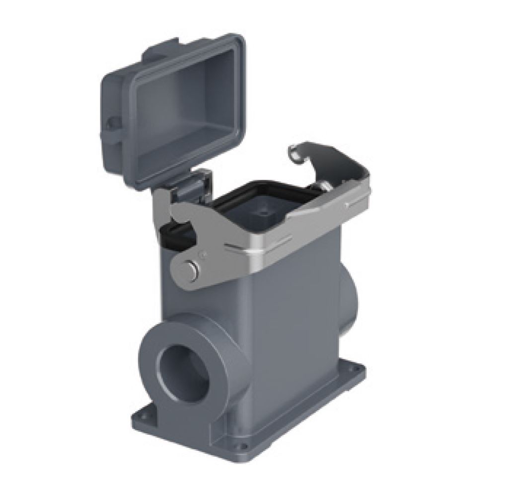 Закрытое основание разъема H10B-SMH-1L-PC-PG21 - Основание разъема на панель, закрытое, типоразмер 10B, высокое исполнение, с уплотнителем, 1 отверстие с резьбой для кабельных вводов PG21, с одной защелкой, с защитной крышкой, материал корпуса: алюминиевы