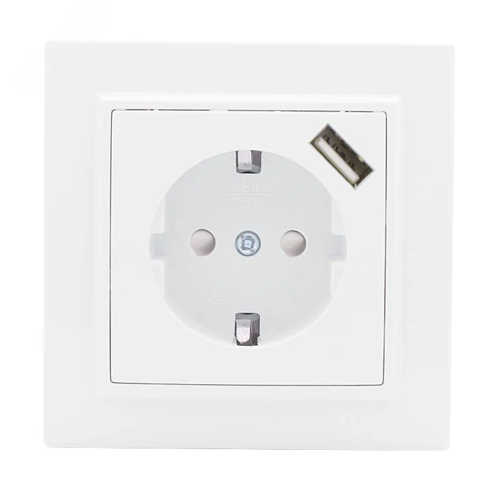 Розетка 1-м СП Минск 16А IP20 с заземл. защ. шторки с заряд. устройством USB 1А бел. ERR16-028-100-USB