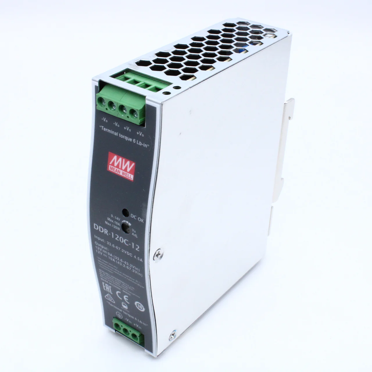DDR-120C-12 - DC-DC, 120Вт, вход 33.6…67.2В DC, выход 12В/10А, изоляция 4000В DC, в кожухе на DIN-рейку, 32х125.2х102мм, -40...+70°С