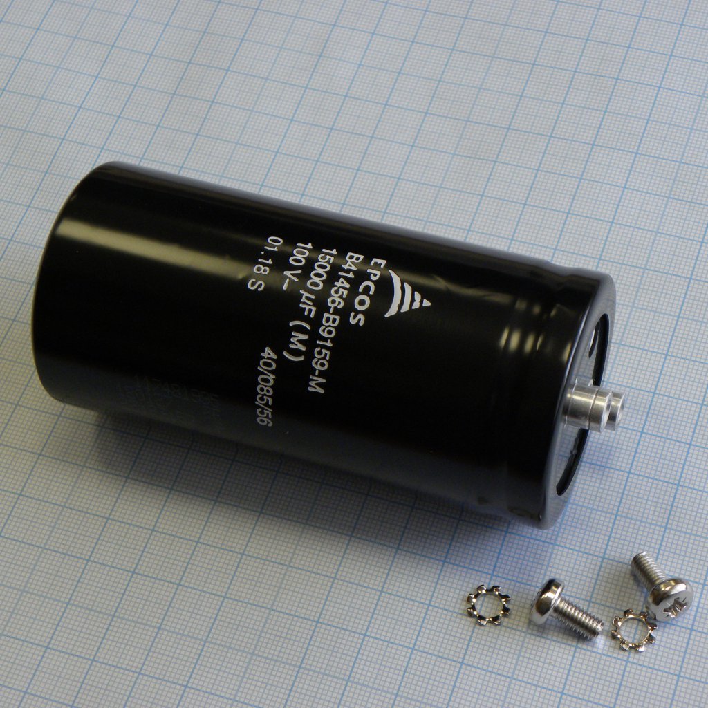 B41456B9159M - Алюминиевый электролитический конденсатор 100В 15000мкФ 52*106 85°С М5. В комплект поставки конденсаторов, произведённых после 01.12.2018, гайки/шайбы не входят