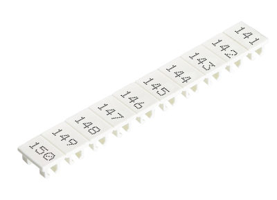 Шильдик 9705A/5/10 B  141-150 - Маркировка для клемм сечением 2,5 мм.кв., шириной 5 мм, 10 шильдиков, белая, нанесенные знаки: 141 – 150