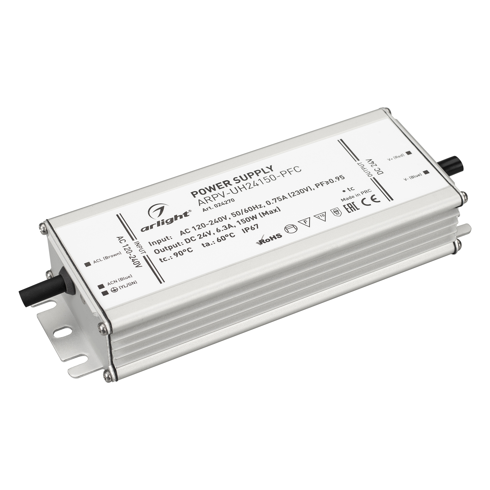 Блок питания ARPV-UH24150-PFC (24V, 6.3A, 150W) 024270 - Источник напряжения с гальванической развязкой для светодиодных изделий. Входное напряжение 120-240 VAC. Выходные параметры: 24 В, 6.3 А, 150 Вт. Встроенный PFC >0.95. Герметичный алюминиевый корпус