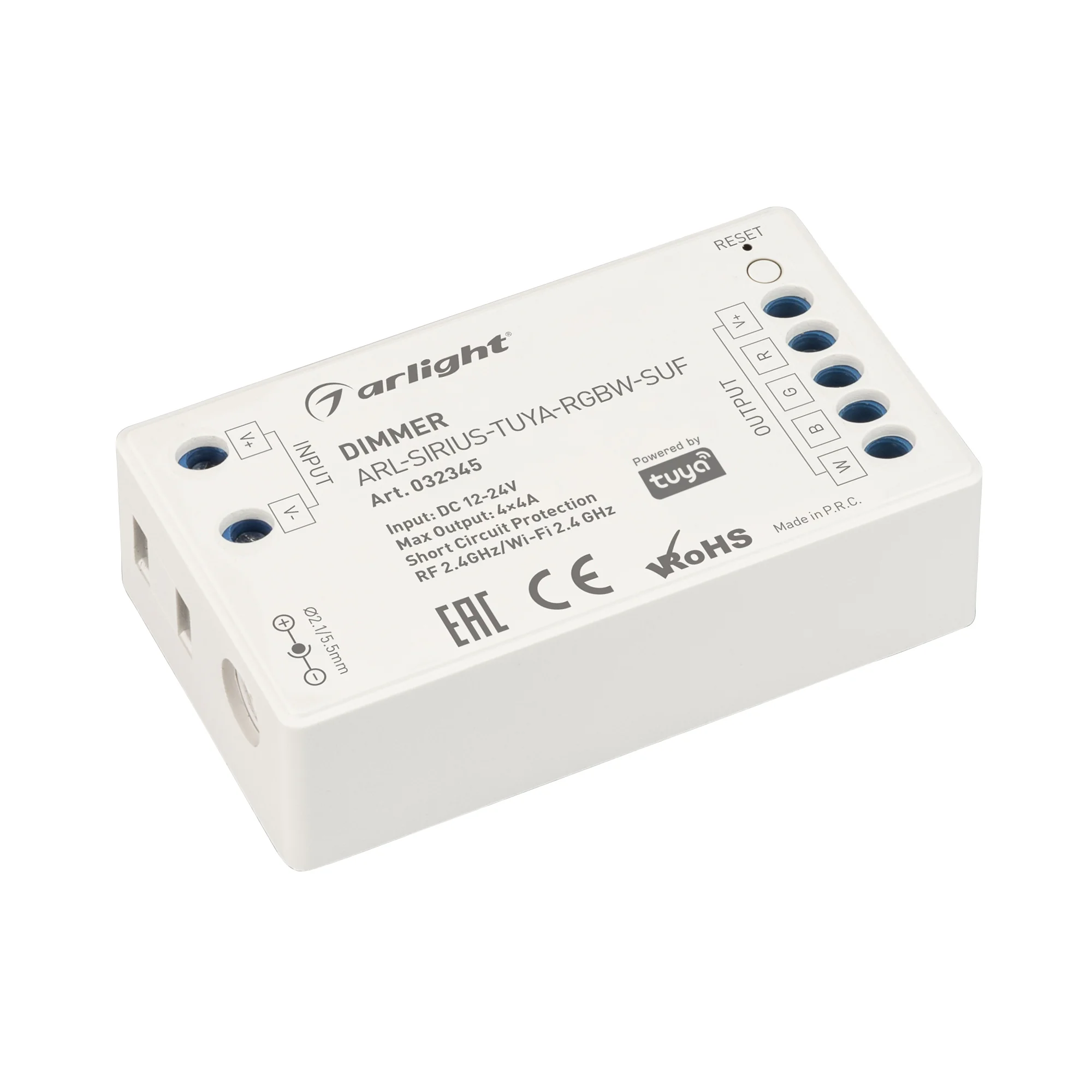 Диммер ARL-SIRIUS-TUYA-RGBW-SUF (12-24V, 4x4A, 2.4G) 032345 - Контроллер четырёхканальный для RGBW светодиодных лент. Питание/рабочее напряжение 12-24VDC, максимальный ток 4A на канал, 4 канала, максимальная мощность 192-384W. Частота ШИМ 1kГц, Wi-Fi 2.4G