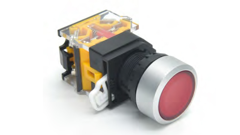 Кнопка  DT22M-FL11/RD - Кнопка управления в сборе, с блокировкой, 24 - 380VAC / DC, 0,6 - 10A, без подсветки, низкая, 1NO1NC, цвет: красный, диаметр отверстия: 22 мм, металлическая обойма кнопки