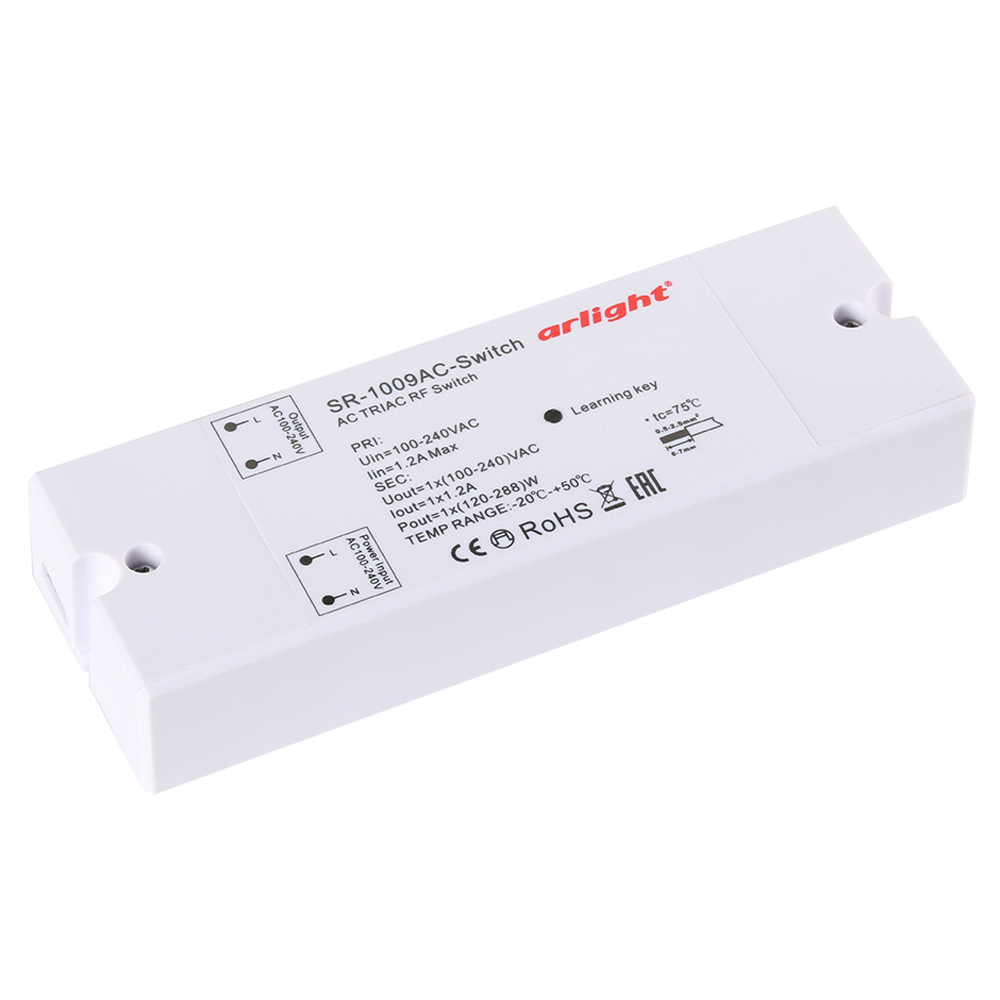 Контроллер-выключатель SR-1009AC-SWITCH (230V, 1.2A) 020935 - Выключатель с RF управлением (пульт поставляется отдельно) для включения/выключения любых видов нагрузки 230 VAC. Мощность активной нагрузки (лампы накаливания) макс. 288 Вт. Полная мощность дл