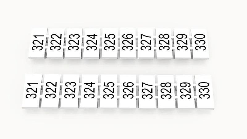 Марк.  полоска ZB5-10P-19-254Z(H) - Маркировочные шильдики для клемм WS…, DC…, PC…, сечением 2,5 мм кв., центральная, 10 шильдиков, нанесенные символы: 321-330 с горизонтальнымрасположением, размер шильдика: 4,55х10,7 мм, цвет белый