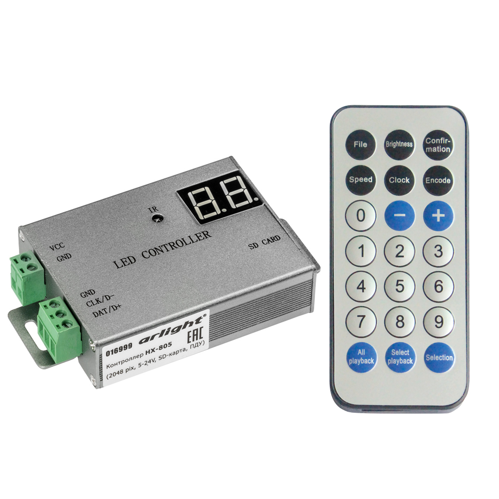 Контроллер HX-805 (2048 pix, 5-24V, SD-карта, ПДУ) 016999 - Master-контроллер для лент RGB «Бегущий огонь» и управляемых модулей, протокол SPI и DMX512, напряжение 5–24 В, 2048 пикселей, запись программ на SD-карту (ПО LED Build), ПДУ(батарея LR1130) в ко