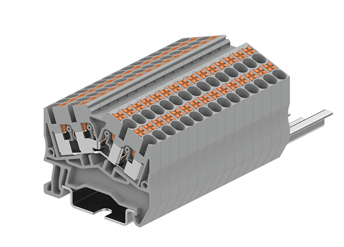 Проходная клемма TPS2.5-4-GY - Проходная клемма, угловая, 4 точки подключения, тип фиксации провода: push-in, номинальное сечение: 2,5 мм кв., 24A, 800V, ширина: 5,2 мм, цвет: серый, тип монтажа: DIN 35