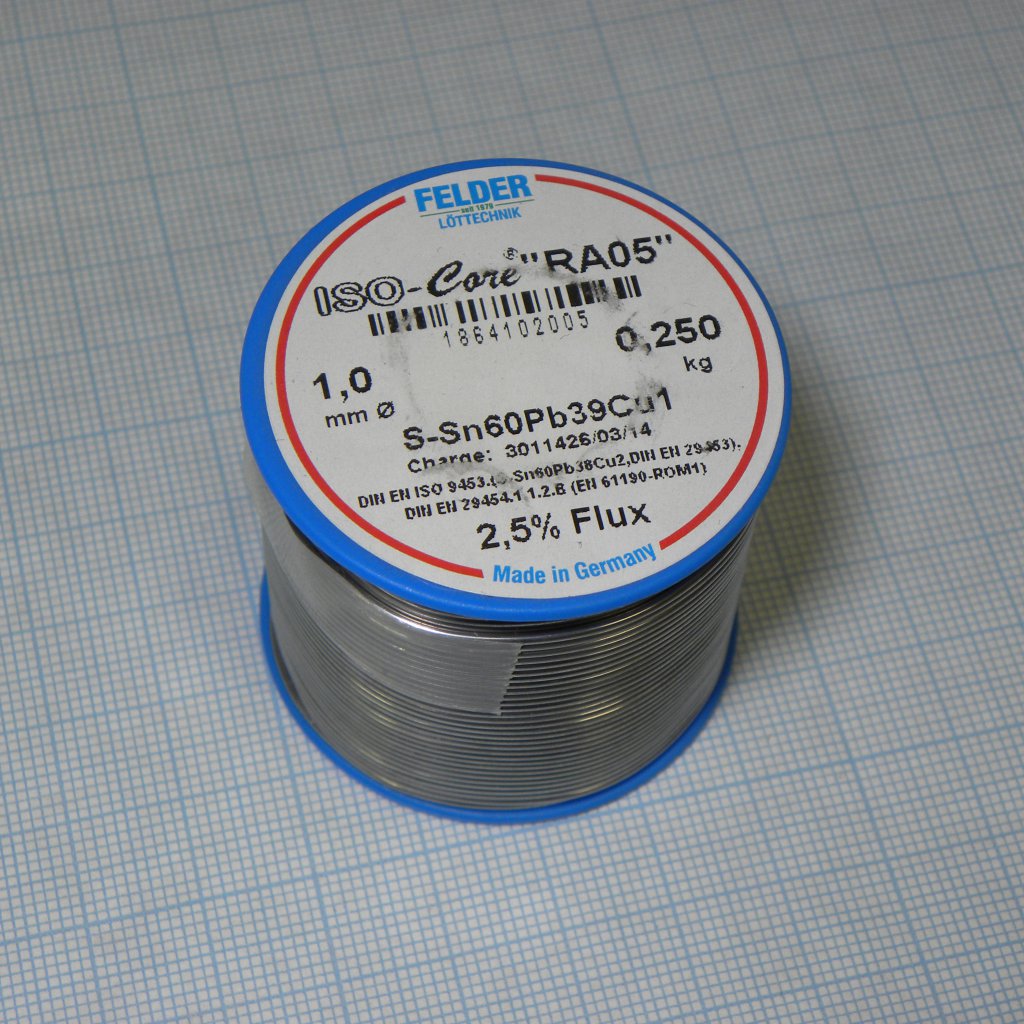 Припой Sn60Pb39Cu1 RA05  1.0мм 250гр - Припой трубчатый оловянно-свинцовый ПОС61, 2.5% флюс RA05 активный с низким содержанием галогенов (ROM1)