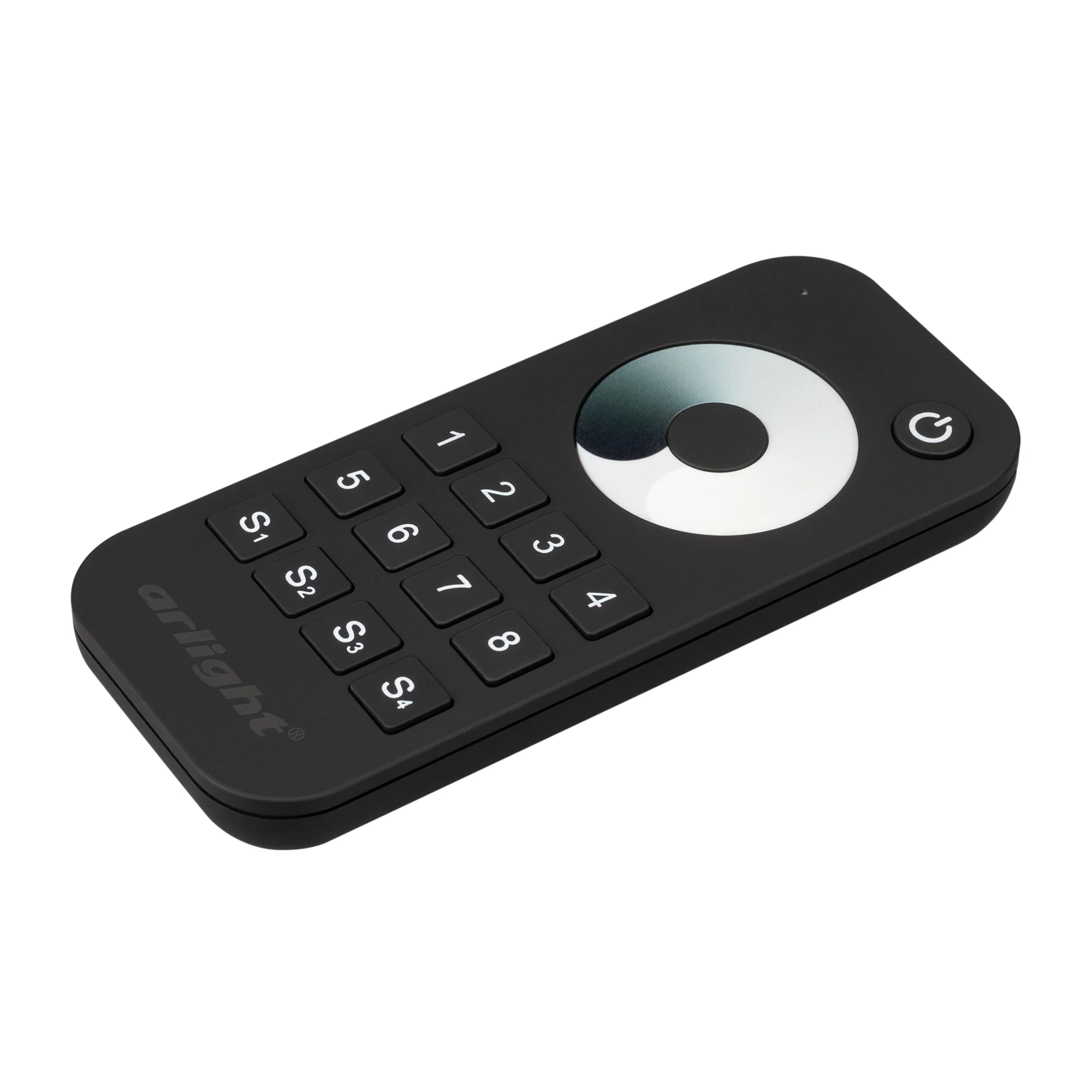 Пульт SMART-R24-DIM Black (8 зон, 2.4G) 031935 - Кнопочный радиопульт с сенсорным кольцом 2.4 ГГц черного цвета для управления одноцветным (DIM) источником света. 8 зон управления, 4 слота памяти пользовательских настроек, управление яркостью с помощью се
