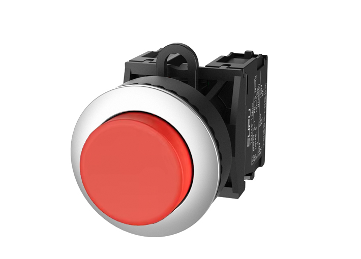 Кнопка выпуклая (красная) TS2520-0DM10-S20 - Кнопка круглая выпуклая, без блокировки, без подсветки, утопленное алюминиевое переднее кольцо, с мгновенным нажатием, с контактной группой 2NO, диаметр головки кнопки 36 мм, диаметр посадочного отверстия: 22 м