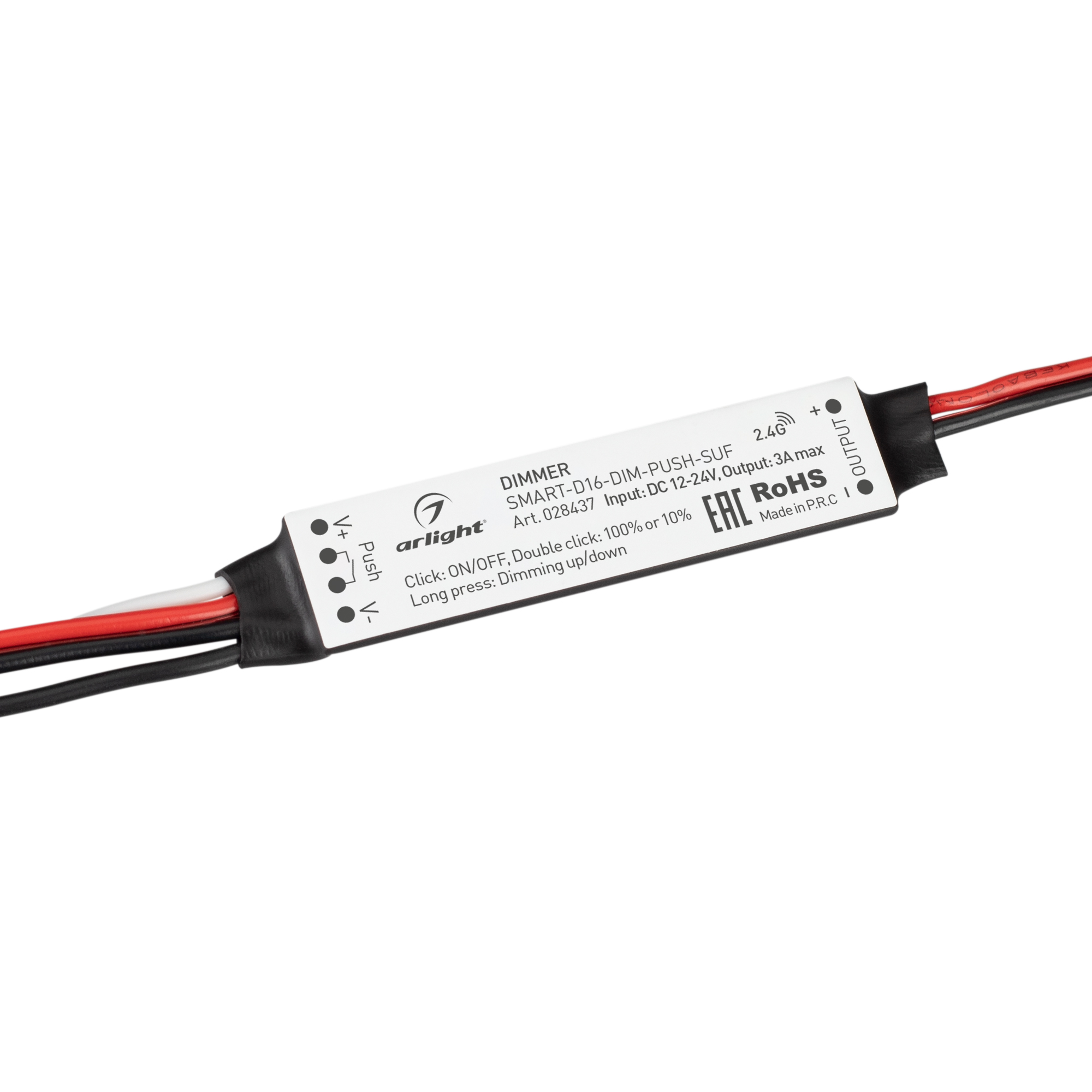 Диммер SMART-D16-DIM-PUSH-SUF (12-24V, 1x3A, 2.4G) 028437 - Миниатюрный диммер для монохромной светодиодной ленты (ШИМ). Питание/рабочее напряжение 12-24VDC, максимальный ток 3A на канал, 1 канал, максимальная мощность 36-72W. Поддерживает функцию Push-Di