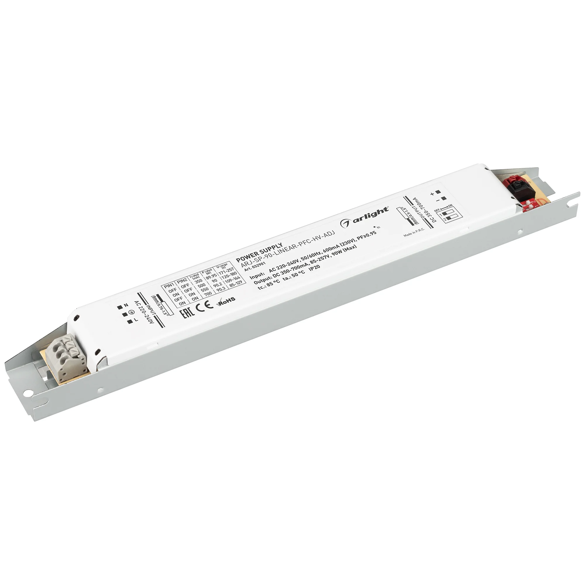 Блок питания ARJ-SP-90-LINEAR-PFC-HV-ADJ (90W, 350-700mA) 032901 - Регулируемый источник тока без гальванической развязки для светильников и мощных светодиодов. Входное напряжение 220-240 VAC. Выходные параметры: 171-257В (350мА), 120-180В (500мА), 85-129
