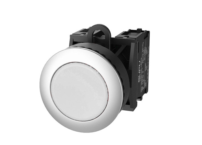 Кнопка плоская (белая) TS2520-0CL50-S20 - Кнопка круглая плоская, с блокировкой, без подсветки, утопленное алюминиевое переднее кольцо, с мгновенным нажатием, с контактной группой 2NO, диаметр головки кнопки 36 мм, диаметр посадочного отверстия: 22 мм, цв