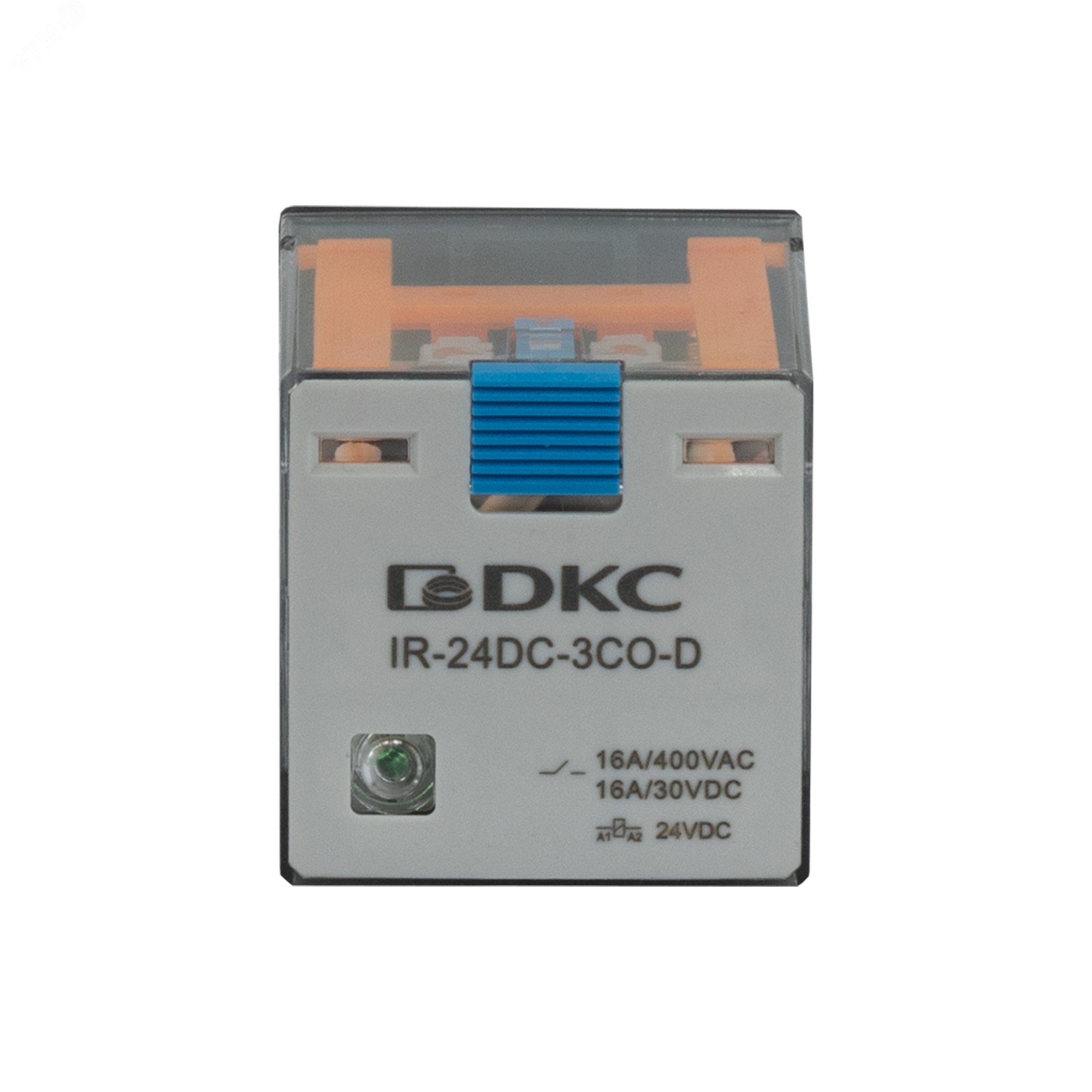 Реле миниатюрное силовое, 3CO, ком. ток 16А, AgSnO, напряжение 24V DC,опция: тест-кнопка+светодиод+защитный диод IR-24DC-3CO-D